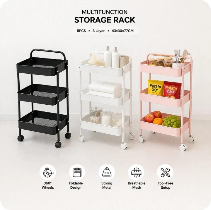 3-Tier Rolling Storage Cart with Wheels – Pink | عربة تخزين متنقلة 3 طوابق بعجلات – وردي