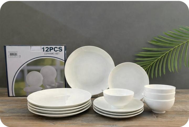 12-Piece White Ceramic Dinnerware Set – Plates & Bowls | طقم أطباق سيراميك أبيض 12 قطعة صحون وأطباق