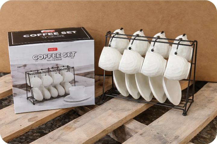 6-Piece Ceramic Coffee Cup & Saucer Set with Metal Display Rack | طقم فناجين قهوة سيراميك 6 قطع مع حامل معدني