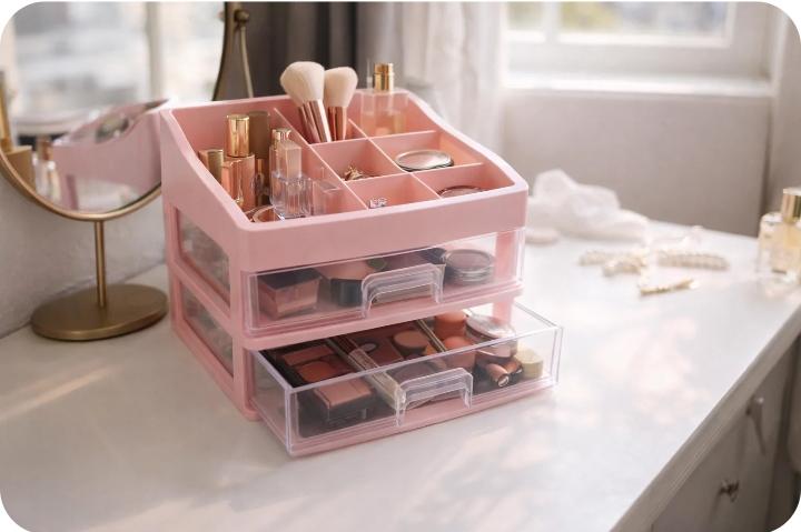 Pink Makeup Organizer with Drawers – 3-Tier Vanity Storage