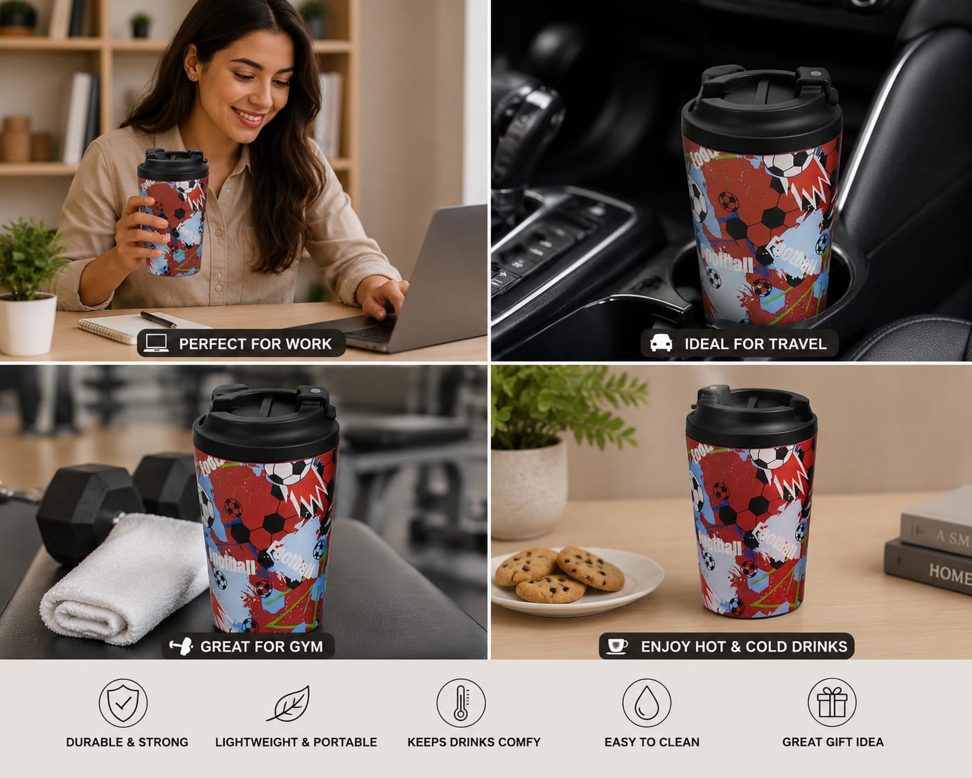 Football Print Travel Coffee Mug – Insulated Tumbler | كوب قهوة سفري بطباعة كرة القدم مع غطاء محكم