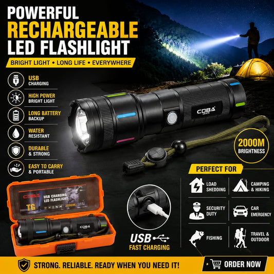 COBA TG USB Charging LED Flashlight 2000M | مصباح كوبا TG بشحن USB مدى 2000 متر