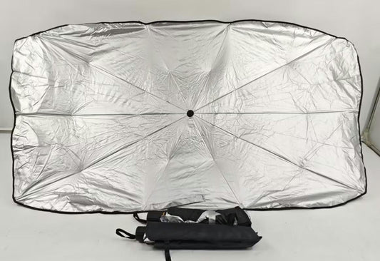 Silver umbrella cover with a black handle on a white background