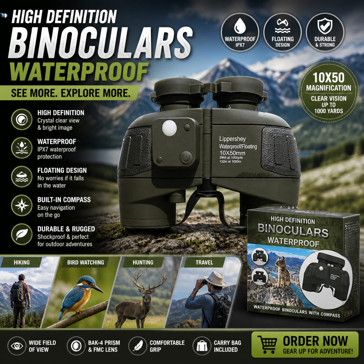 HD Binoculars Waterproof 10x50 with Compass – منظار ليبرشي مقاوم للماء
