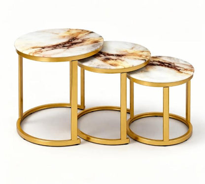 Luxury Marble & Gold Nesting Coffee Table Set of 3 | طقم طاولات قهوة متداخلة فاخرة رخامية وذهبية