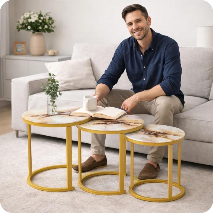 Luxury Marble & Gold Nesting Coffee Table Set of 3 | طقم طاولات قهوة متداخلة فاخرة رخامية وذهبية