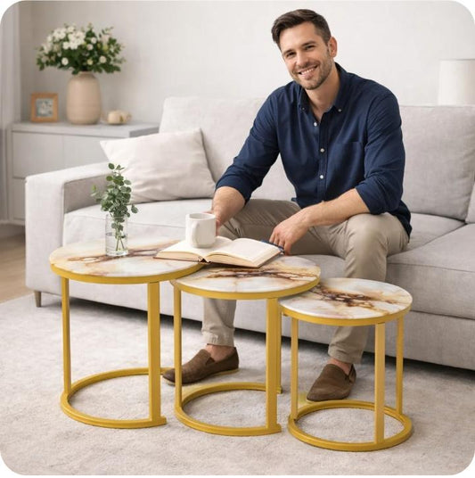 Luxury Marble & Gold Nesting Coffee Table Set of 3 | طقم طاولات قهوة متداخلة فاخرة رخامية وذهبية