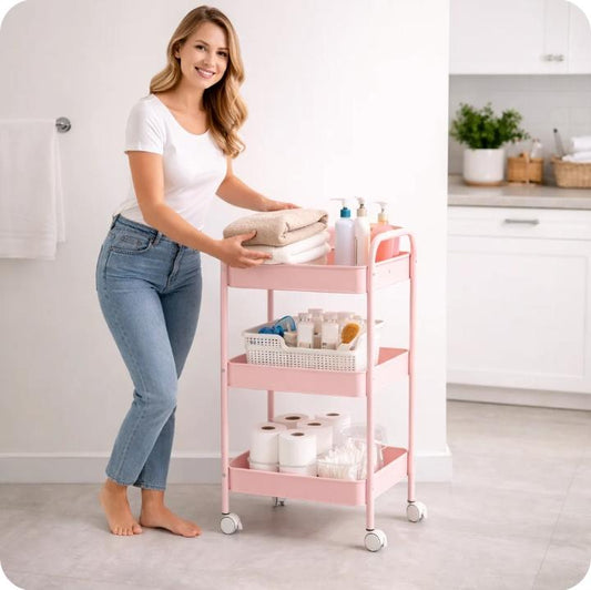 3-Tier Rolling Storage Cart with Wheels – Pink | عربة تخزين متنقلة 3 طوابق بعجلات – وردي