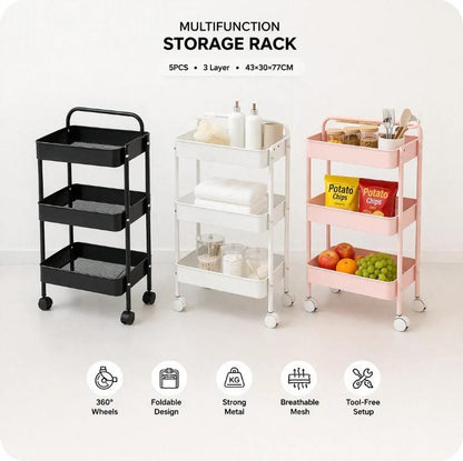 3-Tier Rolling Storage Cart with Wheels – Pink | عربة تخزين متنقلة 3 طوابق بعجلات – وردي