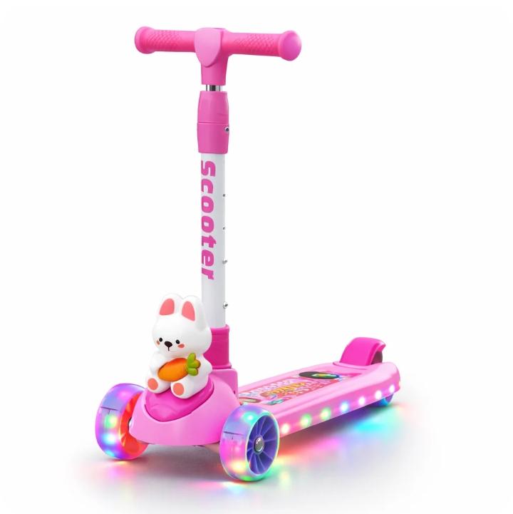 Kids LED Scooter with Bunny Toy – 3-Wheel Foldable Light Up Scooter for Girls