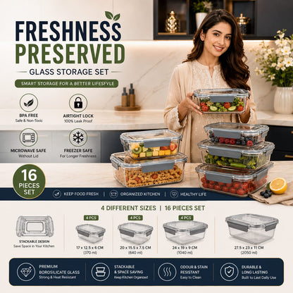 Glass Food Storage Containers Set – 16 Pcs, 4 Sizes, Airtight & BPA Free | طقم حافظات طعام زجاجية 16 قطعة