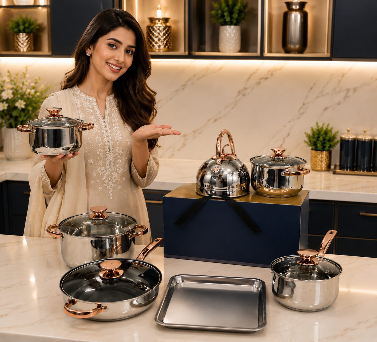 Luxury Stainless Steel Cookware Set – Rose Gold Handles | طقم أواني فاخرة بمقابض ذهبية