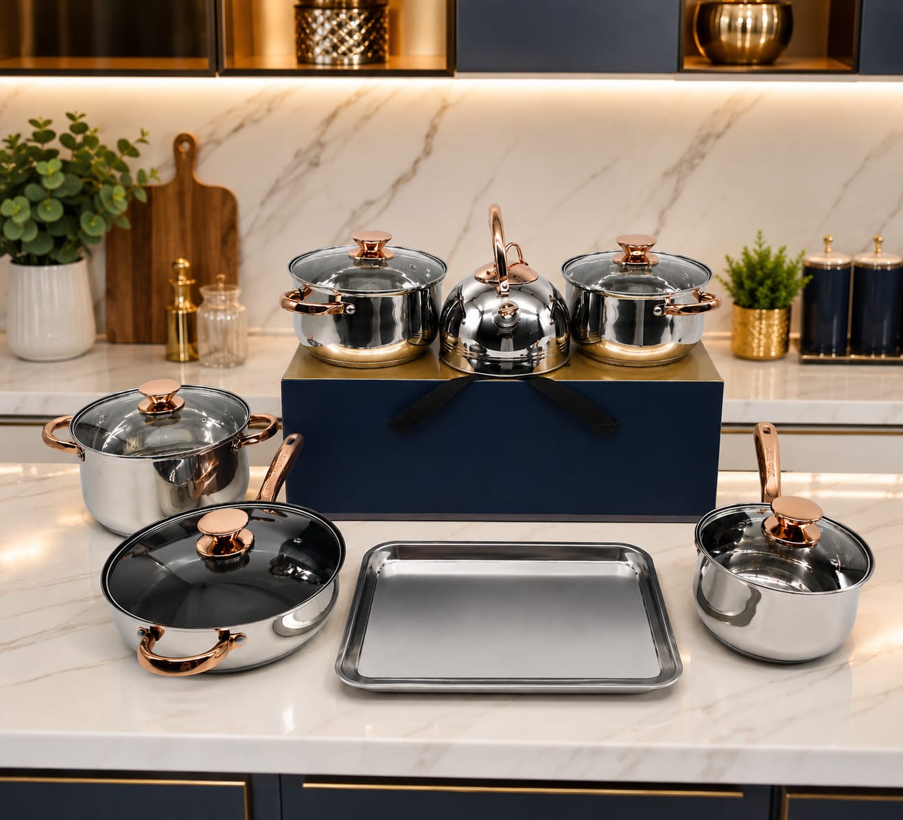 Luxury Stainless Steel Cookware Set – Rose Gold Handles | طقم أواني فاخرة بمقابض ذهبية