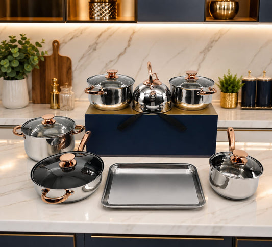 Luxury Stainless Steel Cookware Set – Rose Gold Handles | طقم أواني فاخرة بمقابض ذهبية