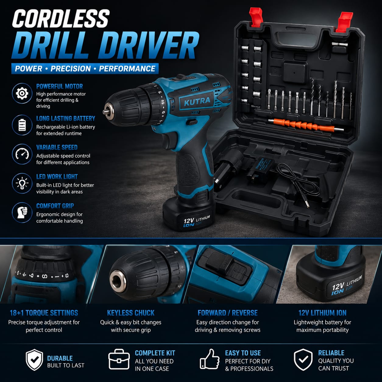 Cordless Electric Drill Set 25-Piece | طقم مثقاب كهربائي لاسلكي 25 قطعة