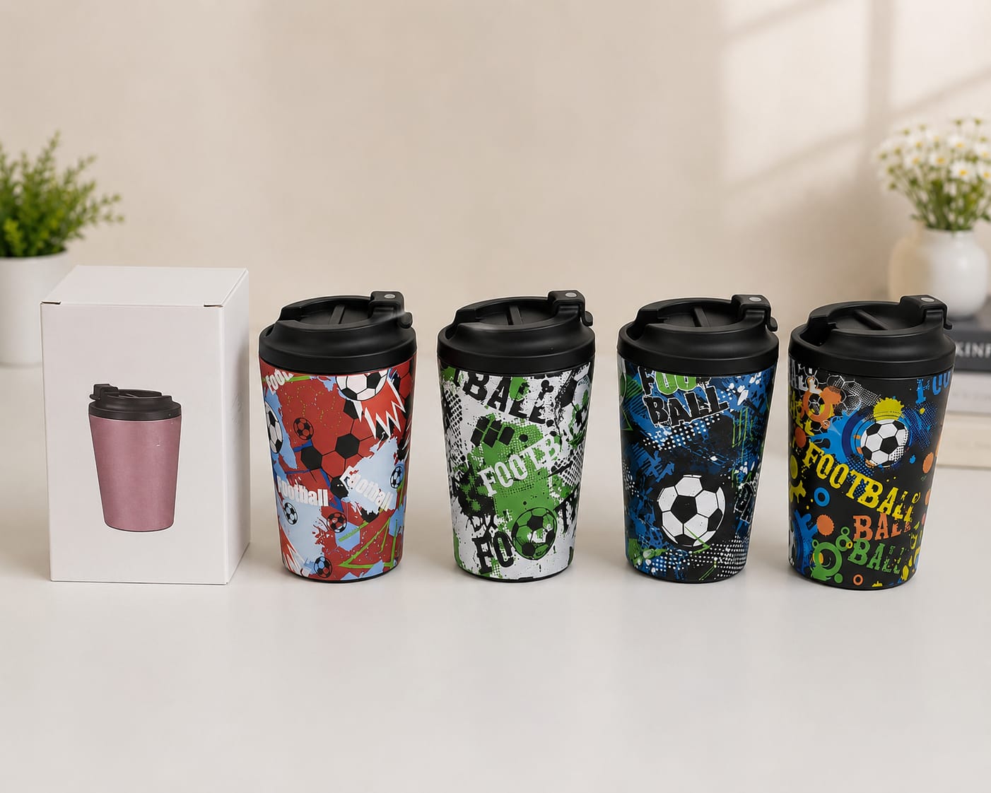 Football Print Travel Coffee Mug – Insulated Tumbler | كوب قهوة سفري بطباعة كرة القدم مع غطاء محكم