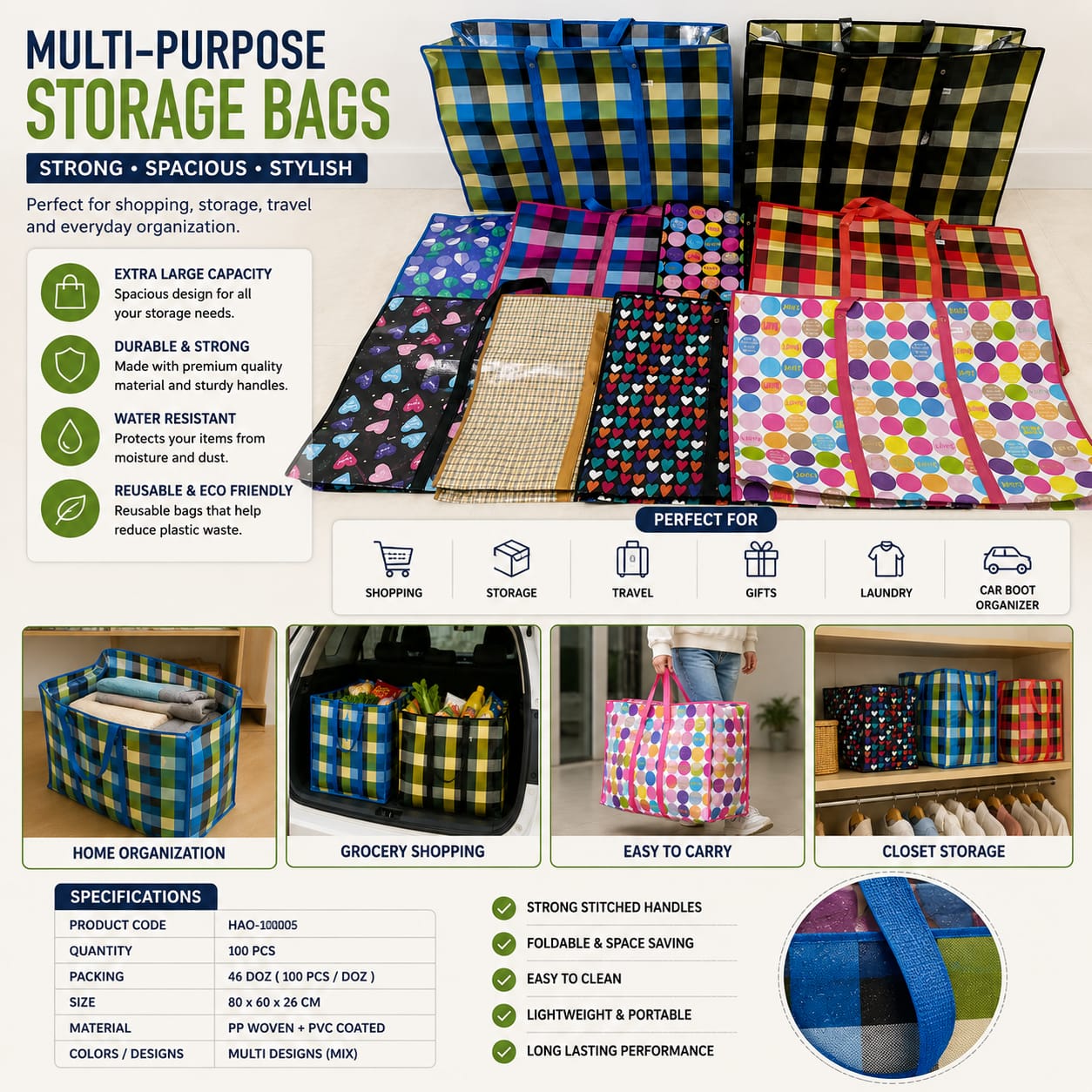 Colorful Reusable Shopping Bags | Large Woven Tote Bags Set