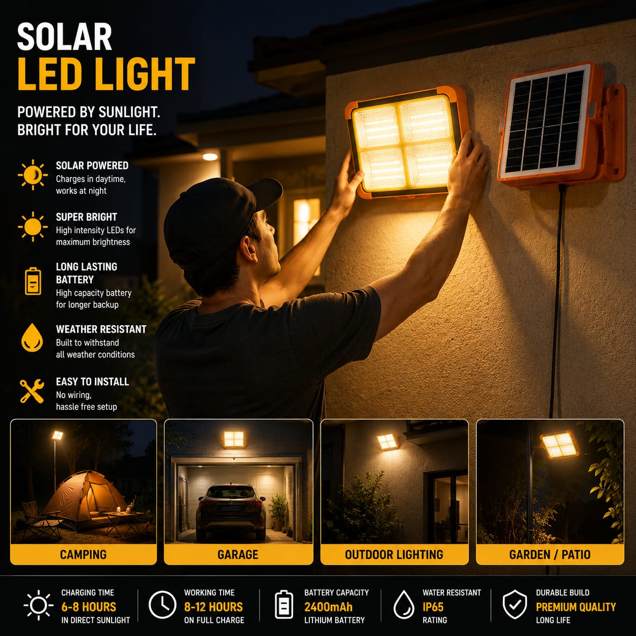 Solar Rechargeable LED Camping Light with Solar Panel & USB Charging
