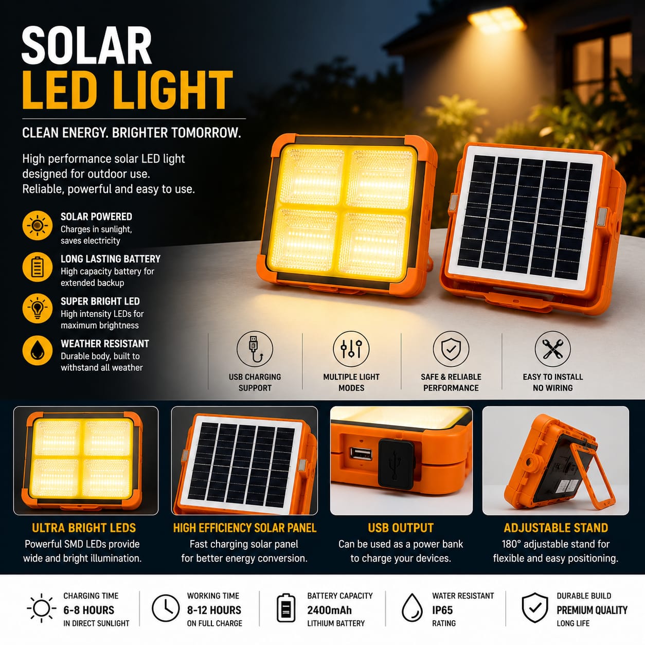 Solar Rechargeable LED Camping Light with Solar Panel & USB Charging