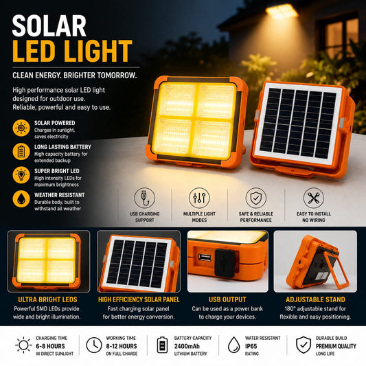 Solar Rechargeable LED Camping Light with Solar Panel & USB Charging