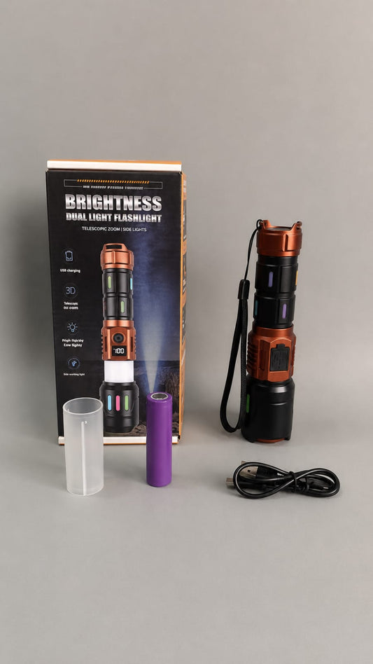 Brightness Dual Light Flashlight – Telescopic Zoom USB Rechargeable 3D Side Lights | مصباح يدوي مزدوج الضوء بتكبير تليسكوبي قابل للشحن