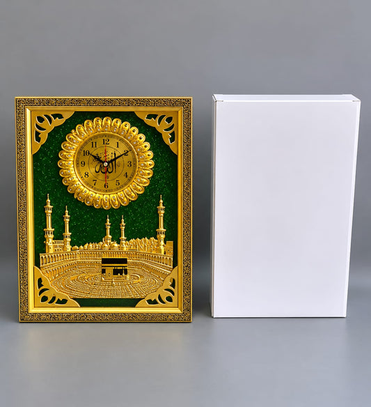 Islamic Kaaba Clock Wall Frame Gift Set | ساعة لوحة الكعبة المشرفة الذهبية هدية فاخرة