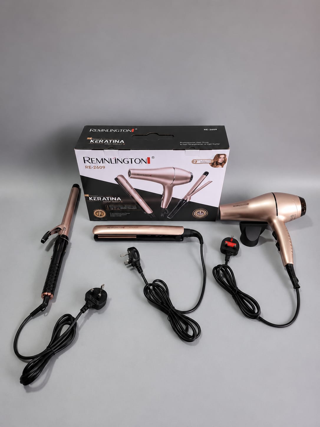 Remnlington Keratina RE-2609 3-in-1 Professional Hair Dryer, Straightener & Curler Set | طقم شعر احترافي 3 في 1 مجفف ومسوّي ومجعد