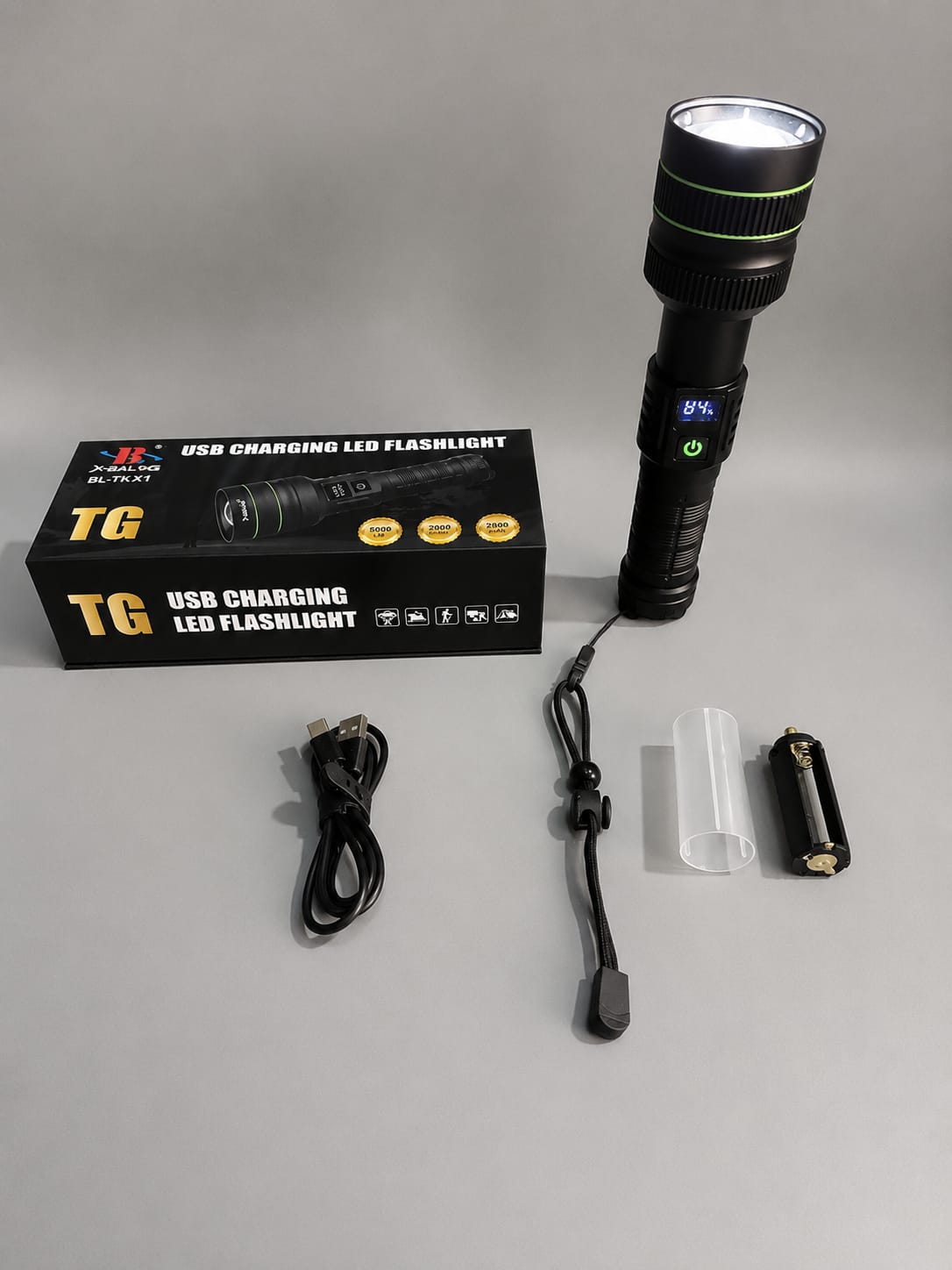 X-Balog TG USB Charging LED Flashlight 5000LM – Digital Display Tactical Torch | مصباح X-Balog TG شحن USB عالي الإضاءة 5000 لومن