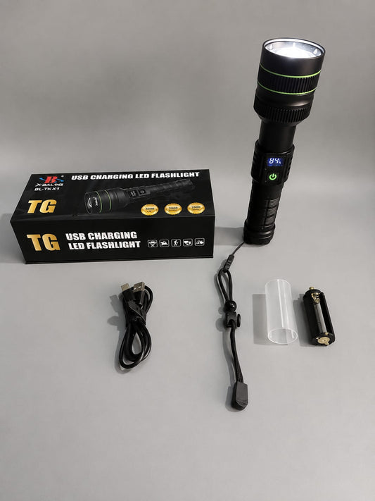 X-Balog TG USB Charging LED Flashlight 5000LM – Digital Display Tactical Torch | مصباح X-Balog TG شحن USB عالي الإضاءة 5000 لومن